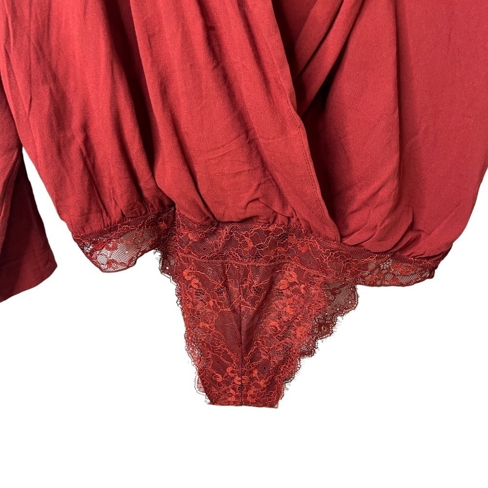 Free People Elsa Bodysuit Top Wine Size Large Surplice Neck Long Sleeve - Picture 6 of 11